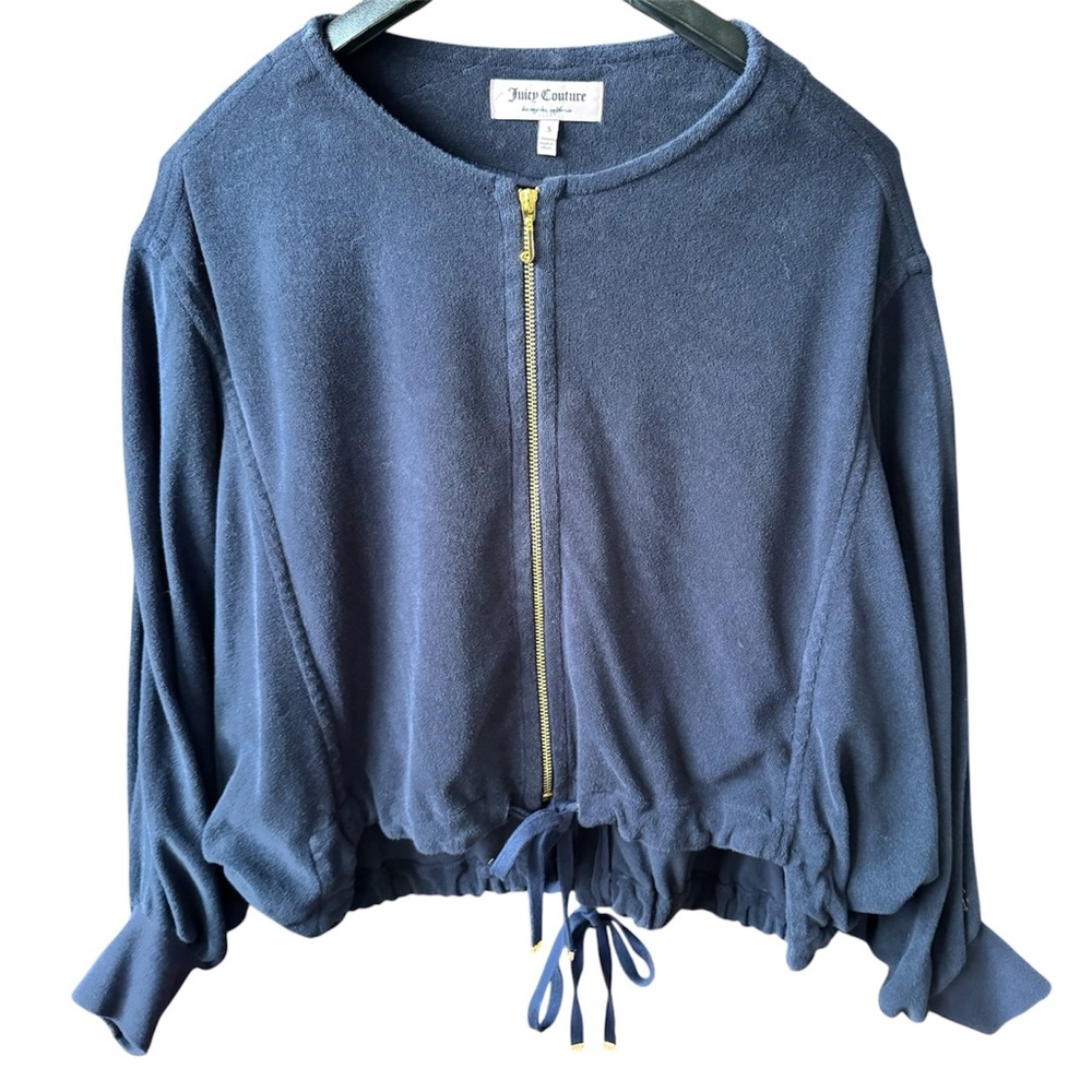 Vintage JUICY COUTURE Terry Cloth Track Jacket Silver J-Zip Navy Blue Small Y2K